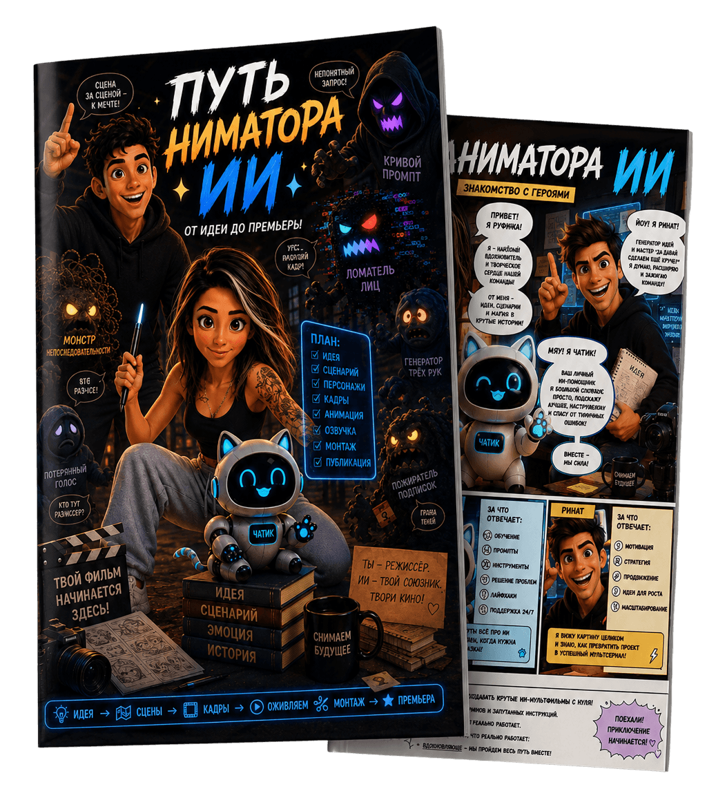 Объёмный mockup PDF-гайда Путь аниматора ИИ с разворотом страниц
